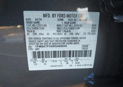 2024 Ford Explorer Limited из США, поврежденный, VIN 1FMSK7FH0RGA89643